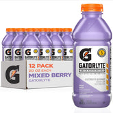 Gatorlyte frente del paquete de 12 botellas mostrando la marca y el sabor Mixed Berry, conveniencia