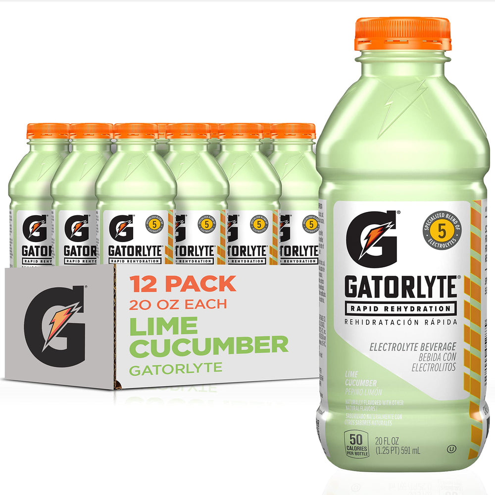 Gatorlyte botella frontal sabor lima pepino mostrando etiqueta y beneficio de rehidratación rápida