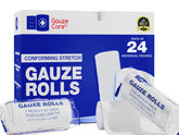 Gauze Care empaque frontal mostrando pack de 24 y beneficio de suministro confiable
