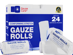 Gauze Care empaque frontal mostrando pack de 24 y beneficio de suministro confiable