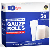 Gauze Care empaque frontal mostrando 36 rollos y beneficios de cantidad