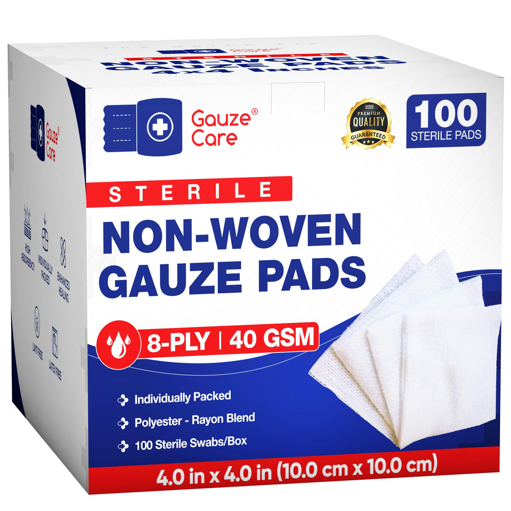 Gauze Care paquete frontal mostrando 100 unidades envueltas individualmente y facilidad de almacenamiento