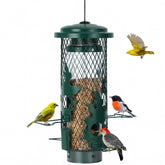 Gbekery front view of hanging feeder showing mesh and perch, attracts small birds