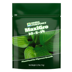 General Hydroponics MaxiGro frontal del envase mostrando marca y tamaño útil