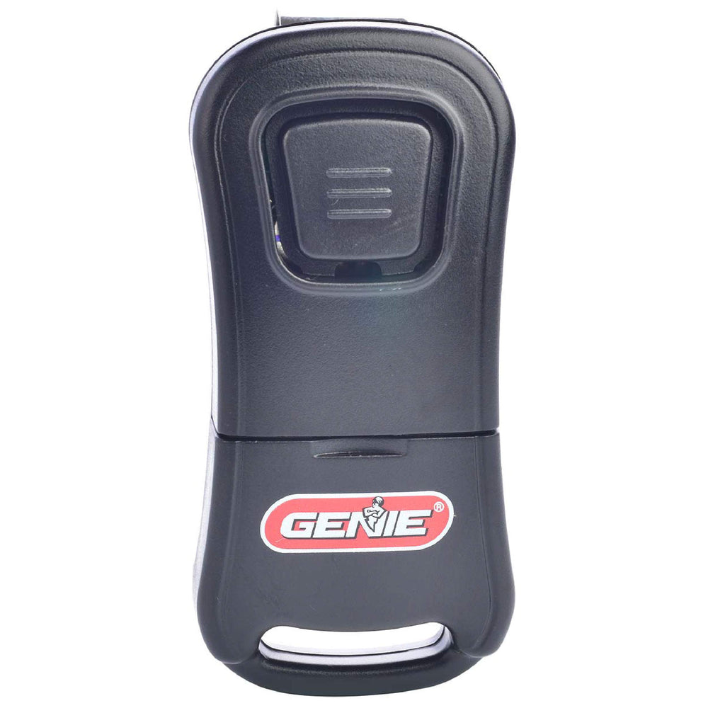 Genie G1T-BX frente del paquete mostrando el mando compacto y el clip