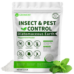 Geomust frasco frontal mostrando etiqueta y tamaño, ofrece control natural de plagas