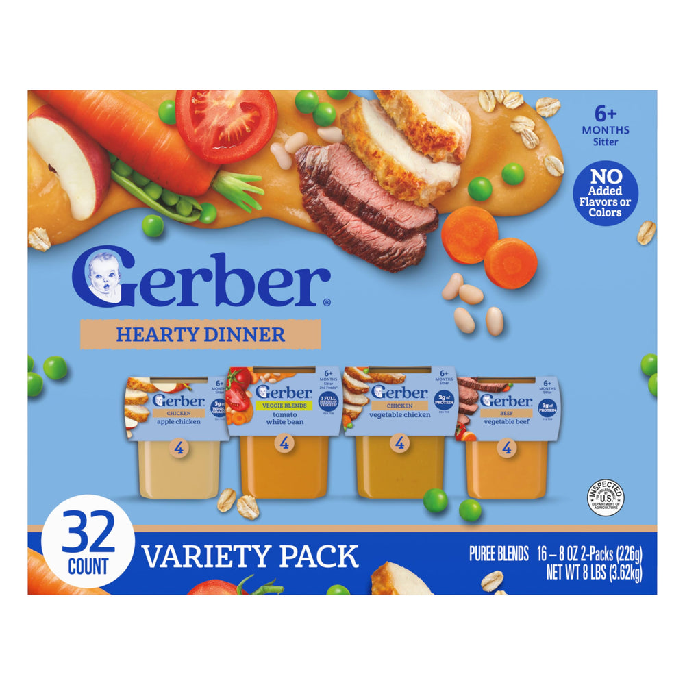 Gerber envase frontal Hearty Dinner mostrando etiqueta clara y conveniencia