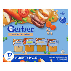 Gerber envase frontal Hearty Dinner mostrando etiqueta clara y conveniencia