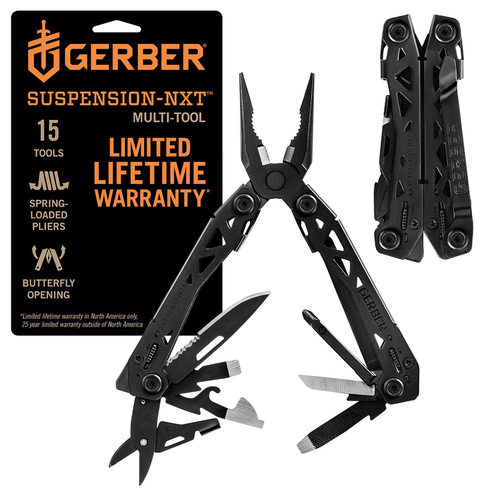 Gerber Suspension NXT vista frontal mostrando diseño compacto y acabado negro, fácil transporte