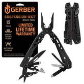Gerber Suspension NXT vista frontal mostrando diseño compacto y acabado negro, fácil transporte