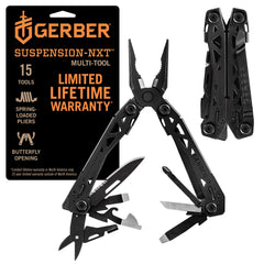 Gerber Suspension NXT vista frontal mostrando diseño compacto y acabado negro, fácil transporte