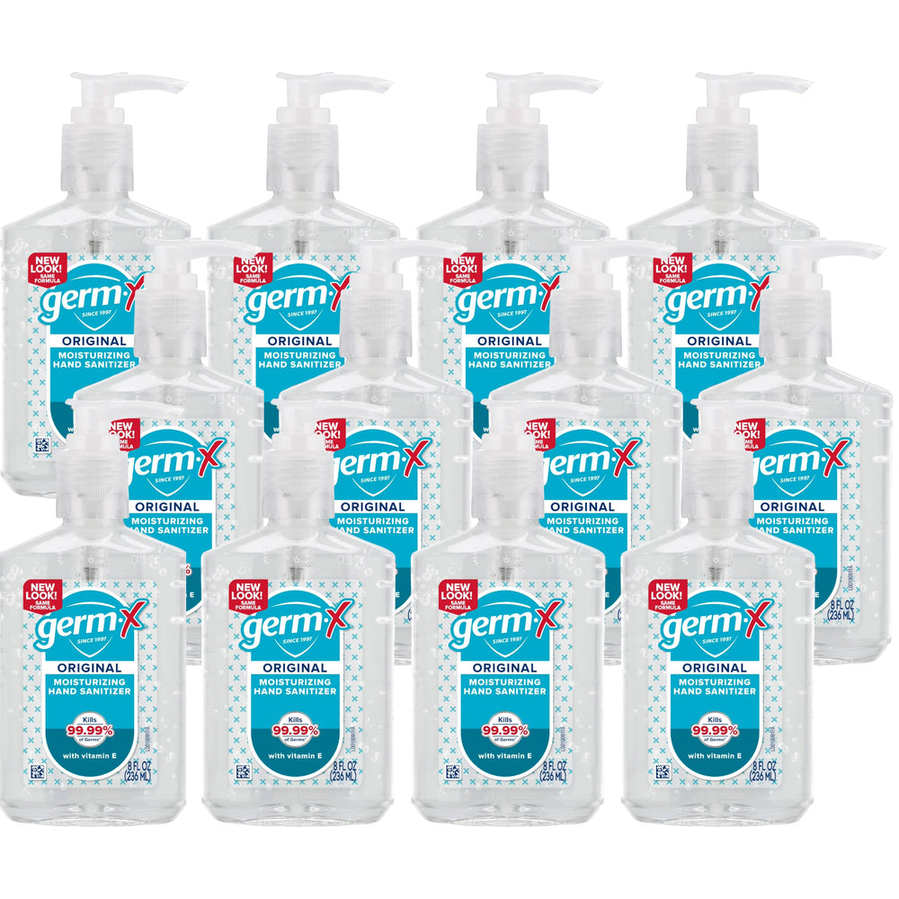 Germ-X pump bottle front view highlighting clear gel and brand for quick hygiene