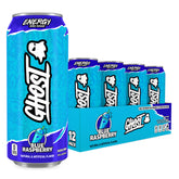 GHOST lata frontal azul frambuesa mostrando diseño y beneficio energía clara