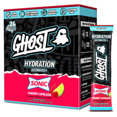 GHOST empaque frontal mostrando 24 sobres Sonic Cherry Limeade y conveniencia