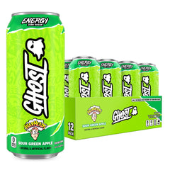 GHOST lata frontal Warheads Sour Green Apple mostrando etiqueta transparente y sabor