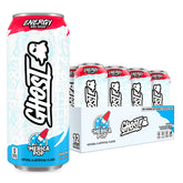 GHOST lata frontal 12-pack 'Merica Pop mostrando diseño y tamaño