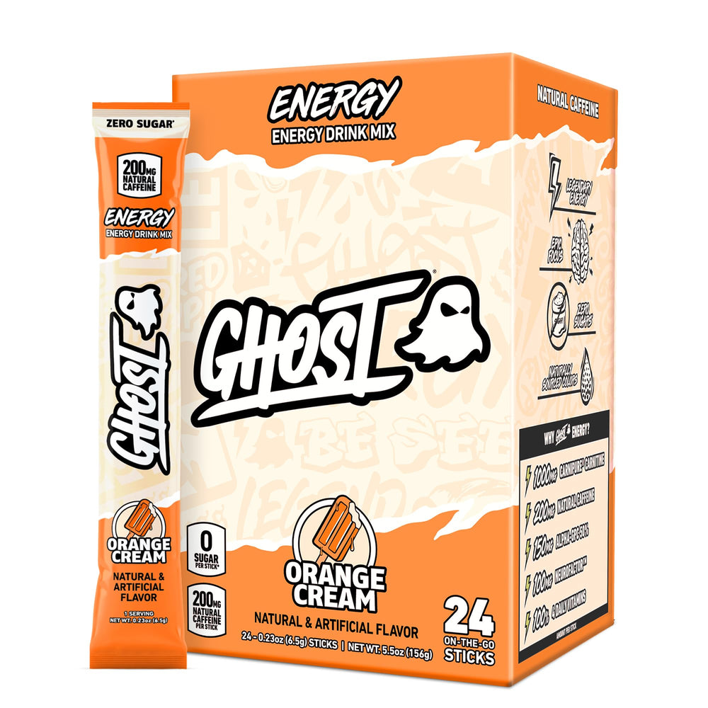 GHOST paquete frontal mostrando 24 sticks y beneficio de energía portátil