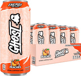 GHOST lata frontal Peaches mostrando el diseño y beneficio de energía clara