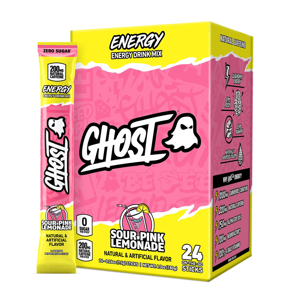 GHOST frontal del empaque mostrando 24 sticks y beneficio de portabilidad