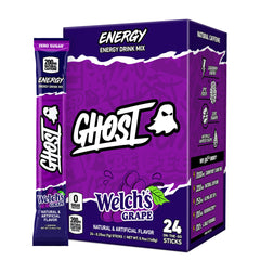 GHOST frente del paquete Welch's Grape mostrando 24 sobres y conveniencia