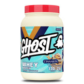 GHOST tarro frontal del Whey x Cinnabon mostrando diseño y tamaño