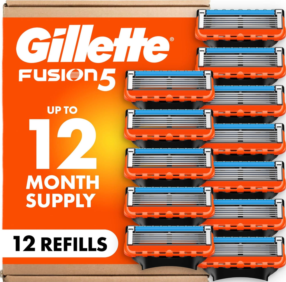 Gillette Fusion5 empaque frontal mostrando 12 recambios y comodidad