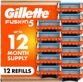 Gillette Fusion5 empaque frontal mostrando 12 recambios y comodidad