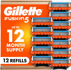 Gillette Fusion5 empaque frontal mostrando 12 recambios y comodidad