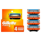 Gillette Fusion5 vista frontal del paquete mostrando cuatro recambios, conveniencia y repuesto