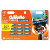 Gillette Fusion5 ProGlide paquete frontal mostrando 12 recambios y beneficio de reemplazo prolongado