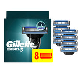 Gillette Mach3 frente del paquete mostrando 8 recambios y ventaja de durabilidad