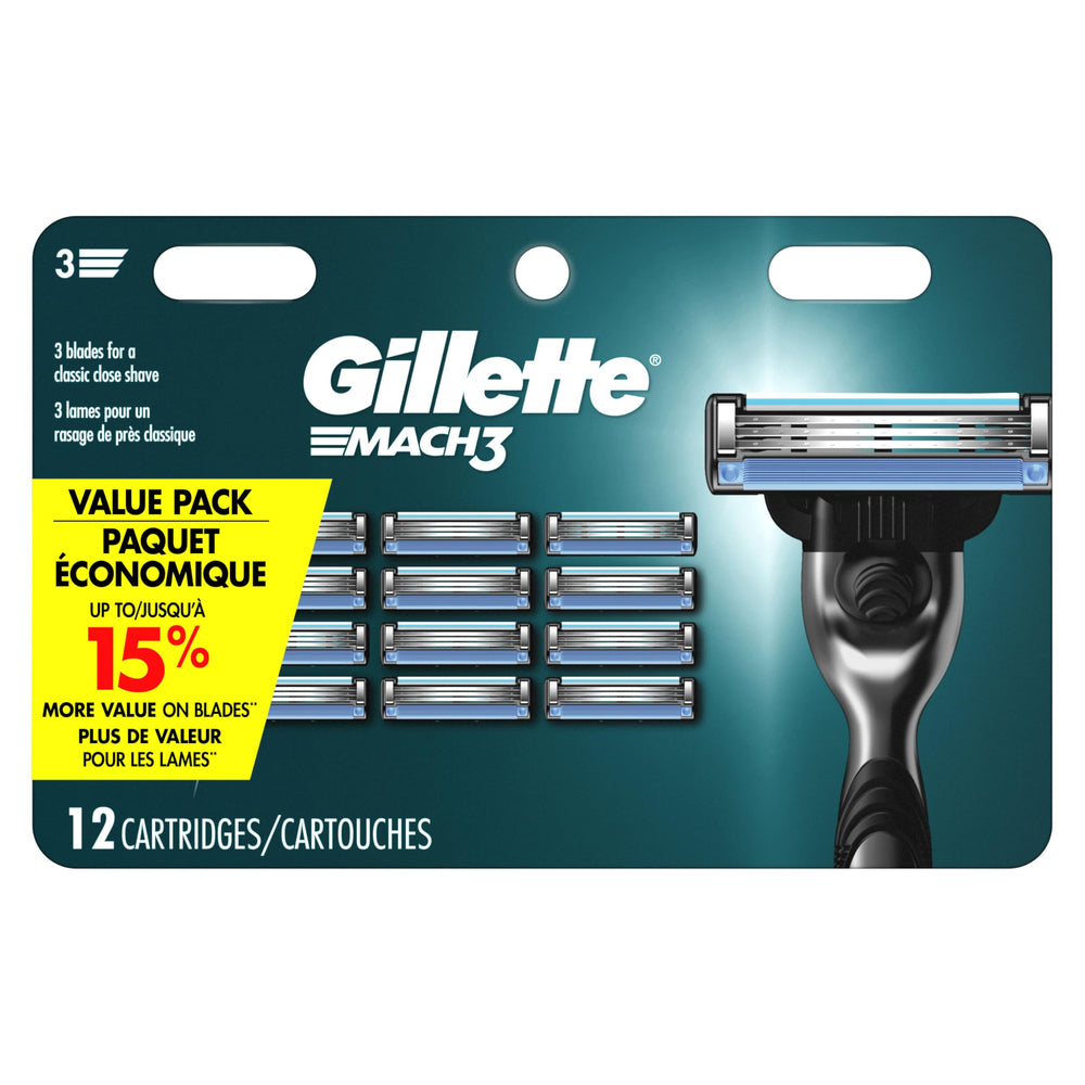 Gillette Mach3 paquete frontal de 12 recambios mostrando ahorro y cantidad