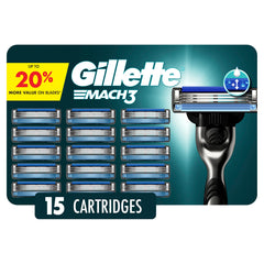 Gillette Mach3 frente del empaque mostrando 15 recambios y beneficios