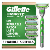 Gillette Mach3 Sensitive frente del empaque mostrando el kit y beneficios