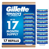 Gillette Mach3 Turbo paquete frontal mostrando 17 recambios y almacenamiento prolongado