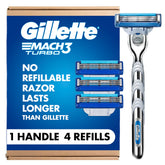 Gillette Mach3 Turbo vista frontal del pack mostrando mango y recambios, comodidad garantizada