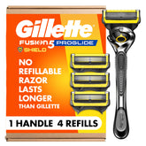 Gillette ProGlide vista frontal del empaque mostrando el mango y recambios para comodidad