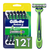 Gillette Sensor3 Sensitive frontal del envase mostrando pack de 12 y conveniencia