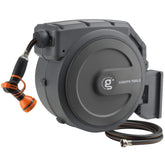 Giraffe Tools front-mounted reel showing compact wall installation and tidy storage benefit