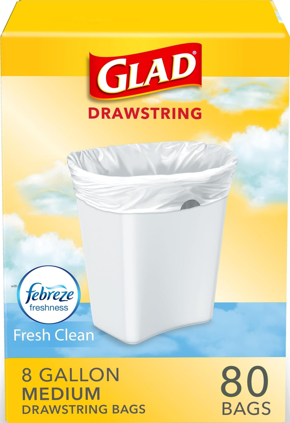 Glad paquete frontal mostrando 80 bolsas y beneficio de reposición prolongada