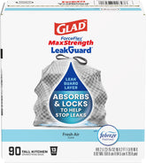 Glad paquete frontal mostrando 90 bolsas y beneficio de protección contra fugas