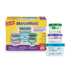 Glad GladWare imagen frontal del paquete de 20 piezas con tapas a juego y variedad