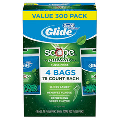 GLIDE pack frontal mostrando 4 paquetes de 75 palillos con frescor duradero