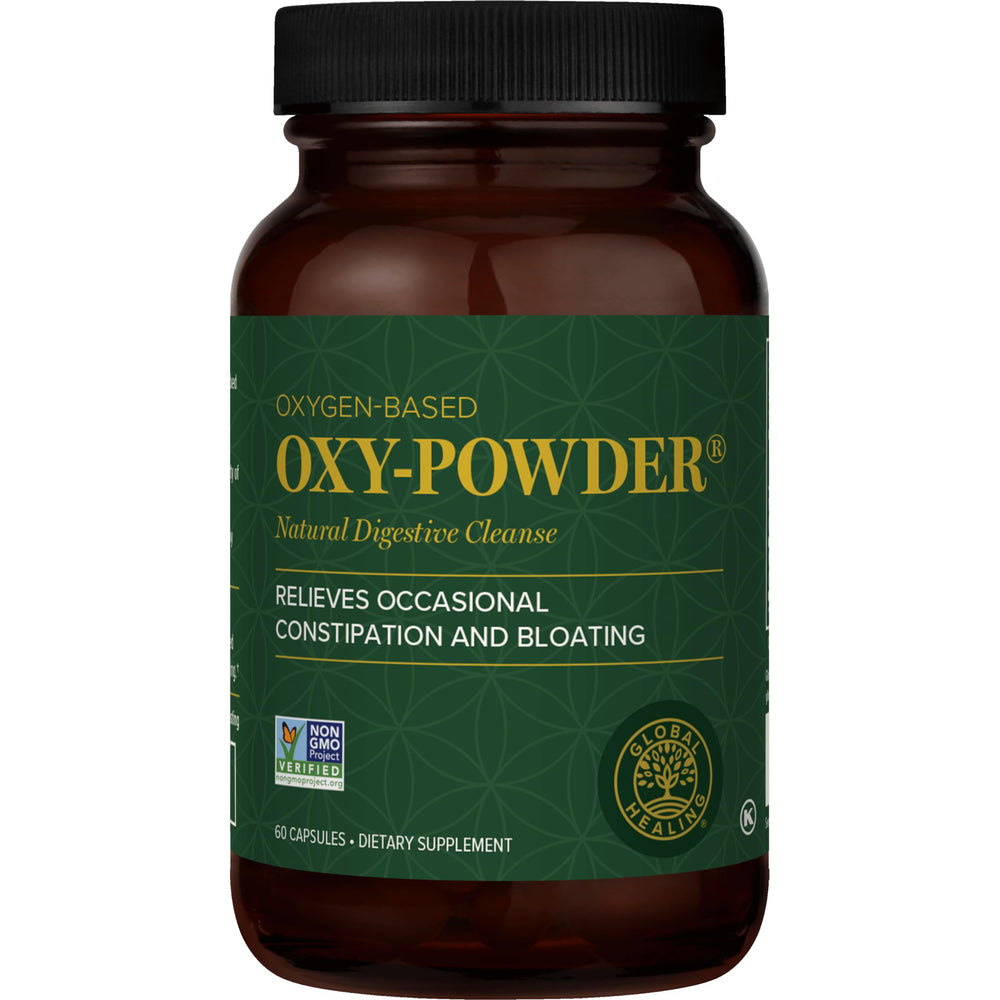 Global Healing Center envase frontal de Oxy-Powder mostrando presentación y nombre