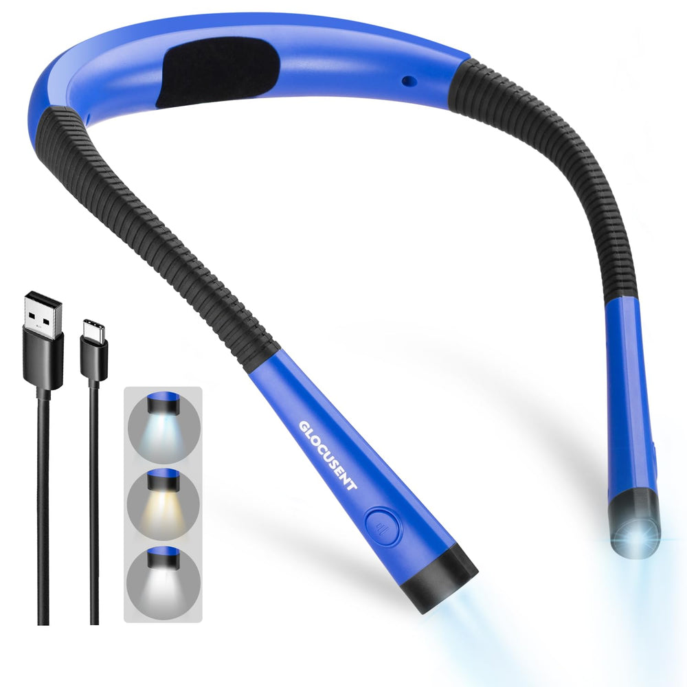 Glocusent blue neck light front view showing ergonomic band and heads, comfortable wear
