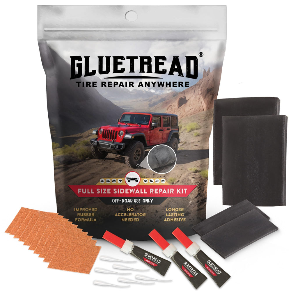 GLUETREAD kit frontal mostrando parches y adhesivo para reparación rápida