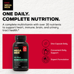 GNC etiqueta de Mega Men 50 Plus resaltando información nutricional y beneficios clave