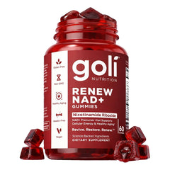 Goli Renew NAD+ frontal del envase mostrando 60 gominolas y beneficios