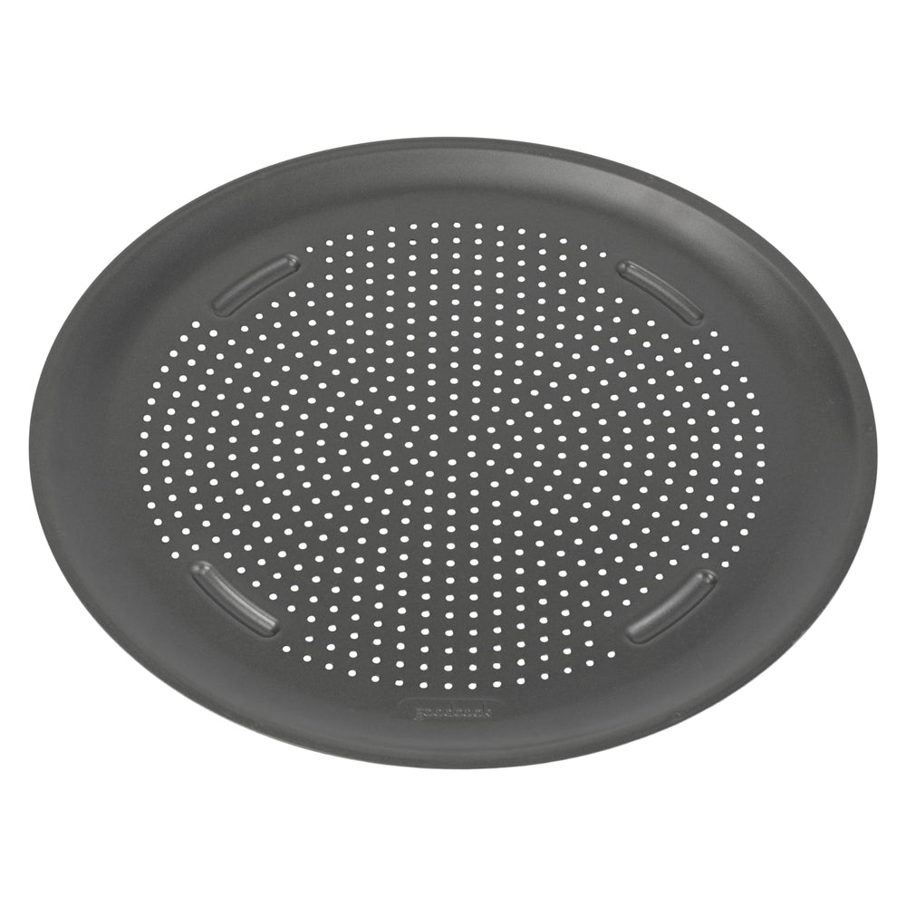 GoodCook bandeja frontal mostrando tamaño y borde perforado, garantiza corteza crujiente