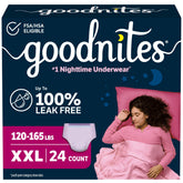 GoodNites empaque frontal XXL mostrando 24 unidades y confianza nocturna
